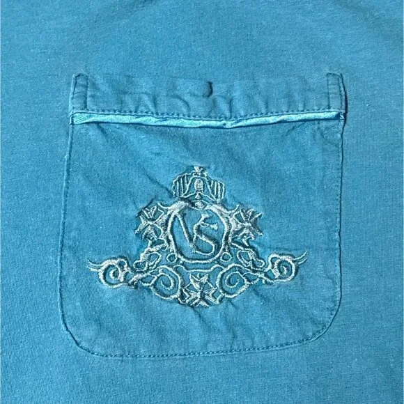 Vtg Victorias Secret Teal  Pocket T-Shirt Soft Cotton Embroidered Sleep Shirt - Picture 3 of 7